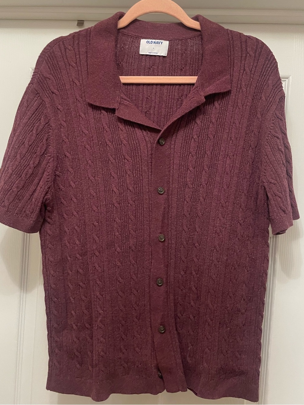 Old Navy Short Sleeve Cotton Cable Knit Button-Up Sweater - Plum Maroon size L